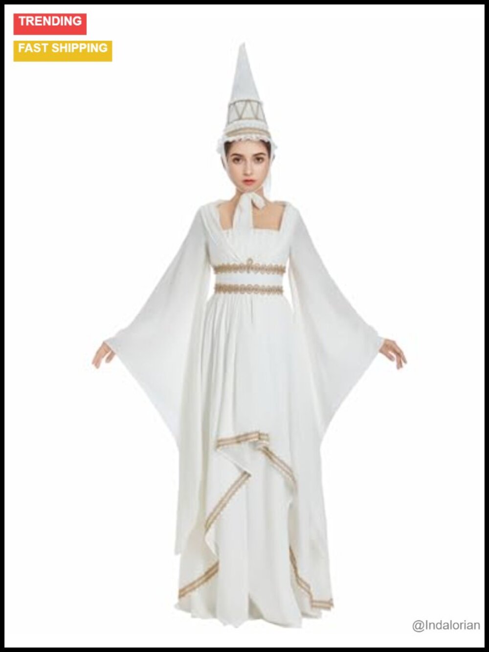 Medieval Princess Renaissance Costume with Hennin Hat Gold Thread Lace Gown